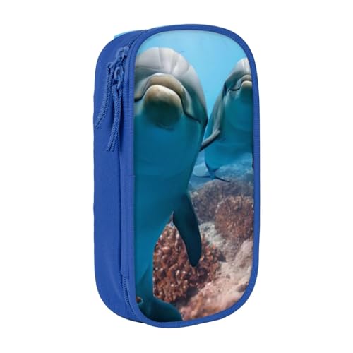 QGWDYYJQ Ocean Animal Lustiger Delphin gedruckt Große Kapazität Doppellagiges Federmäppchen Schreibwaren Fall Portable Organizer, blau, Einheitsgröße, Münzfach von QGWDYYJQ