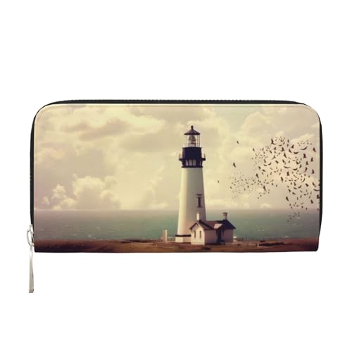 QGWDYYJQ Old Lighthouse Printed Genuine Leather Hand Wallet Portable Zip Wallet, Schwarz , Einheitsgröße von QGWDYYJQ
