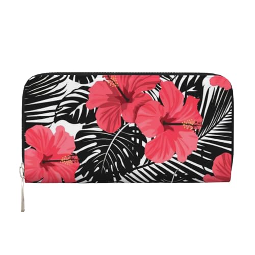 QGWDYYJQ Red Hibiscus Printed Genuine Leather Hand Wallet Portable Zip Wallet, Schwarz , Einheitsgröße von QGWDYYJQ