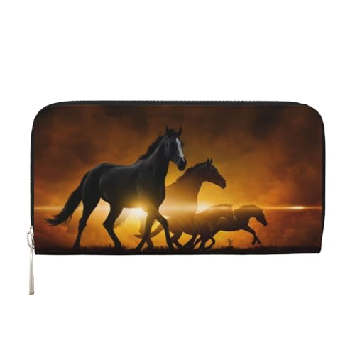 QGWDYYJQ Running Black Horses Printed Genuine Leather Hand Wallet Portable Zip Wallet, Schwarz , Einheitsgröße von QGWDYYJQ