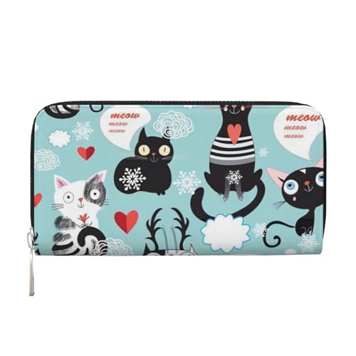 QGWDYYJQ Schwarze und weiße Katzen bedruckte Geldbörse aus echtem Leder, tragbare Geldbörse mit Reißverschluss, Schwarz , Einheitsgröße von QGWDYYJQ