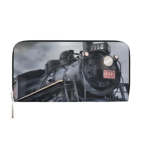 QGWDYYJQ Steam Train Clouds Printed Genuine Leather Hand Wallet Portable Zip Wallet, Schwarz , Einheitsgröße von QGWDYYJQ