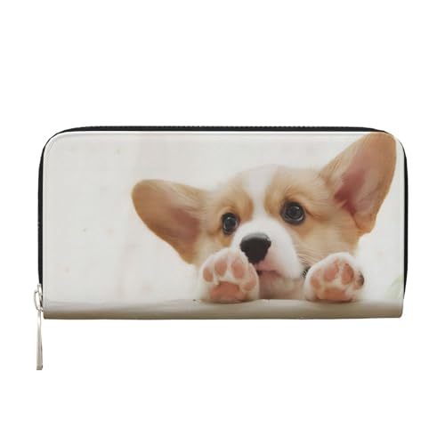QGWDYYJQ Süße Corgi bedruckte Geldbörse aus echtem Leder, tragbare Geldbörse mit Reißverschluss, Schwarz , Einheitsgröße von QGWDYYJQ