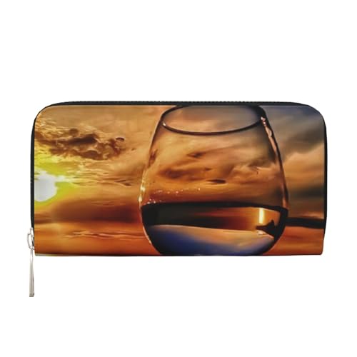 QGWDYYJQ Sunset Weinglas Bedruckte Echtleder Handbrieftasche Tragbare Reißverschluss Geldbörse, Schwarz , Einheitsgröße von QGWDYYJQ