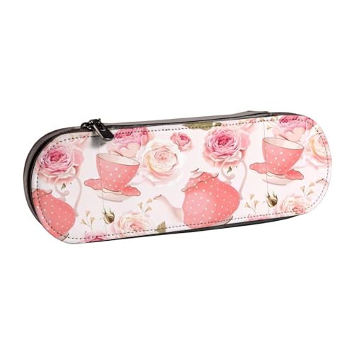 QGWDYYJQ Teetassen mit Rosen, romantisch, Shabby-Druck, Leder-Federmäppchen, Schreibwaren-Organizer, tragbares Federmäppchen von QGWDYYJQ