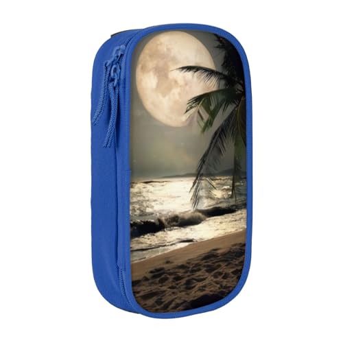 QGWDYYJQ Tropischer Strand Palme mit Vollmond Sternennacht gedruckt Große Kapazität Doppellagiges Federmäppchen Schreibwaren Fall Tragbarer Organizer, blau, Einheitsgröße, Münzfach von QGWDYYJQ