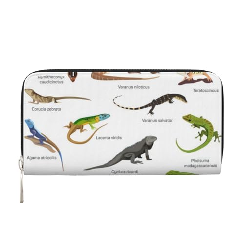 QGWDYYJQ Verschiedene Arten von Eidechsen bedrucktes Echtleder Handbrieftasche tragbare Geldbörse mit Reißverschluss, Schwarz , Einheitsgröße von QGWDYYJQ