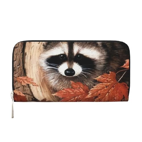 QGWDYYJQ Waschbär im Herbst Baum Loch gedruckt Echtleder Handbrieftasche tragbare Geldbörse mit Reißverschluss, Schwarz , Einheitsgröße von QGWDYYJQ