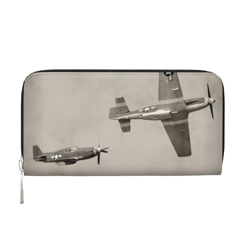 QGWDYYJQ Weltkrieg Flugzeug gedruckt Echtleder Handbrieftasche tragbare Geldbörse mit Reißverschluss, Schwarz , Einheitsgröße von QGWDYYJQ