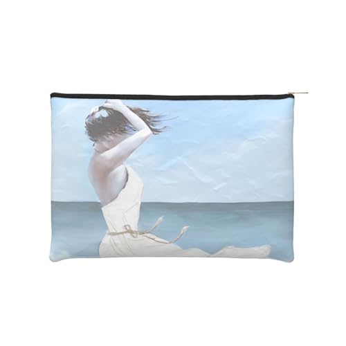 QGWDYYJQ Wiederverwendbare Kosmetiktasche aus bedrucktem Papier, Motiv: Mädchen an einem windigen Strand, Make-up-Tasche, Aufbewahrungstasche von QGWDYYJQ