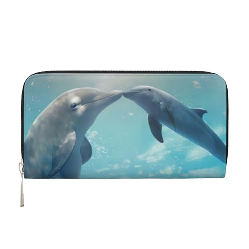 QGWDYYJQ Winter The Dolphin Printed Genuine Leather Hand Wallet Portable Zip Wallet, Schwarz , Einheitsgröße von QGWDYYJQ
