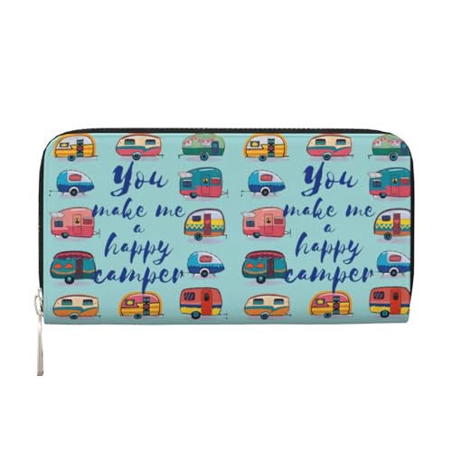 QGWDYYJQ You Make Me Happy Camper Anhänger Bedrucktes Echtleder Handbrieftasche Tragbare Reißverschluss Geldbörse, Schwarz , Einheitsgröße von QGWDYYJQ