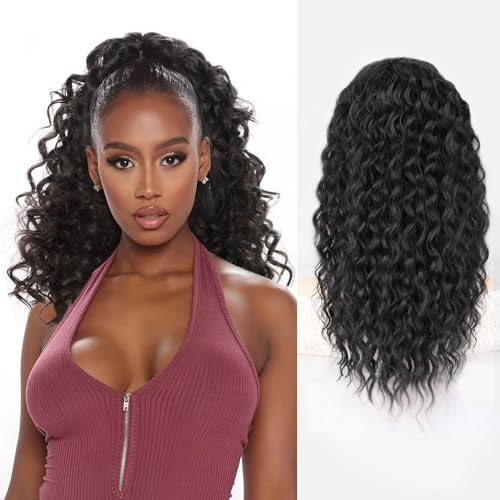 QGZ Pferdeschwanz-Verlängerung mit Kordelzug für schwarze Frauen, 45,7 cm, synthetisch, lang, Afro, lockig, flauschiger Pferdeschwanz für den täglichen Gebrauch (schwarz) von QGZ