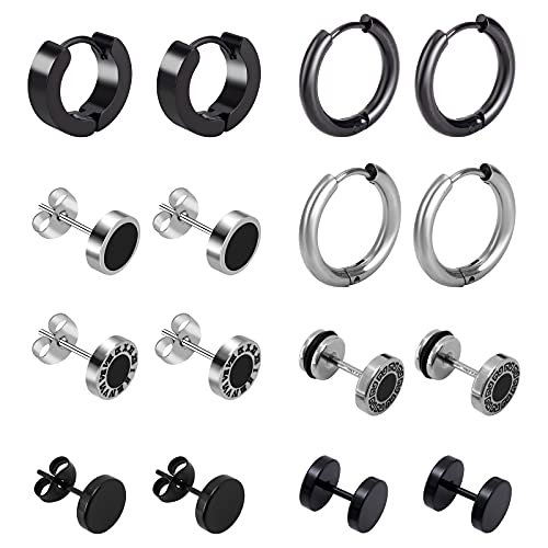 Edelstahl Ohrringe Set für Herren Damen 8 Paare Creolen Ohrringe Stecker Runder Ohrstecker Tunnel Piercing Ohrschmuck Ohrclips Earrings für Männer (Schwarz/Silber) von QH-Shop