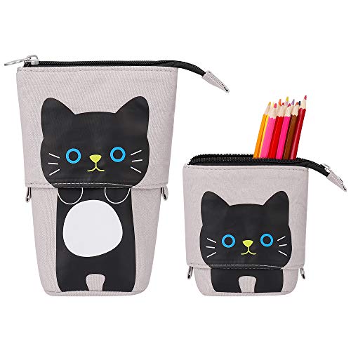 QH-Shop Federmäppchen Große Kapazität Stehen Leinwand Reißverschluss Mäppchen Niedlich Katze Make-up Tasche Teleskopisch Bleistifthalter Beutel für Schule Büro (Grau) von QH-Shop