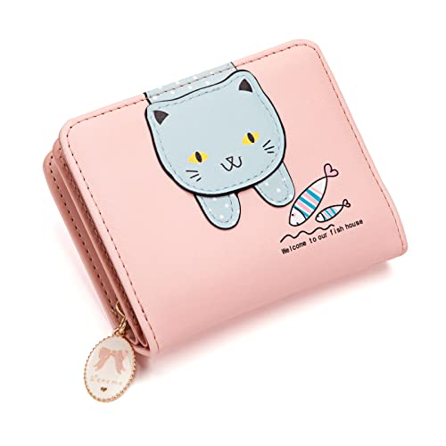QH-Shop Geldbörse Damen Kleine Portemonnaie PU Leder Katzen Geldbeutel Brieftasche Kartenhalter mit Mehreren Kartenfächer, Reißverschluss Münzfach (Rosa) von QH-Shop