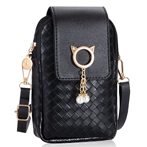 QH-Shop Handy Umhängetasche Damen Handytasche Zum Umhängen Mädchen Süße Katze Klein Pu Leder Crossbody Tasche con Verstellbar Schultergurt Schwarz von QH-Shop