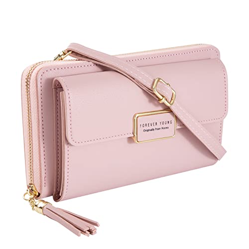 QH-Shop Handy Umhängetasche Damen Kleine Handtasche Geldbeutel Crossbody Bag Brieftasche aus PU Leder mit Kartenfächer Abnehmbar Schultergurt, 7,5 Zoll Rosa von QH-Shop