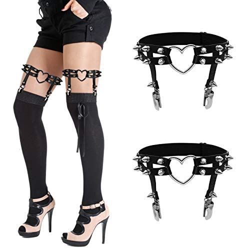 QH-Shop Leder Strumpfband Gothic Bein Harness Damen Verstellbares Punk Oberschenkel Ring Strumpfband Gürtel Strumpfband mit Metall Clip Schwarz 2 Pcs von QH-Shop