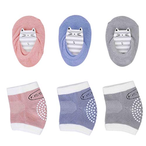 Baby Krabbeln 3 Paar Baby Knieschoner und 3 Paar Baby Socken mit Gummipunkte Anti-rutsch für Baby Krabbelschoner Krabbelhilfe Knieschützer 0-24 Monate von HONGXIN-SHOP