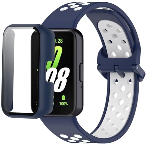 Silikon-Armband, kompatibel mit Samsung Galaxy Fit 3 SM-R390, mit PC-Gehäuse, wasserdicht, Sportarmband, weiche, atmungsaktive Streifen, für Damen und Herren von QHBAMD