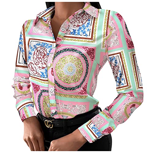 QHDDP Tunika Damen Longbluse flanellhemd Damen italienische blusen Damen Tunika Bluse Seidenbluse weiße Bluse Damen Schluppenbluse karohemd Damen leinenbluse Damen(Rosa-3,XL) von QHDDP