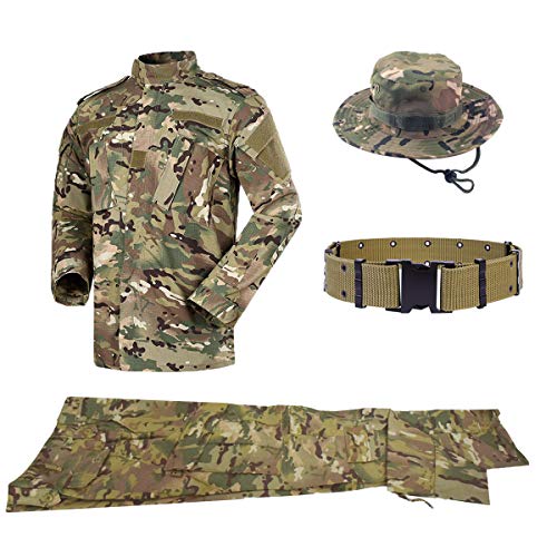 QHIU Taktischer Uniformen Herren Jacke&Hose Stück Sets mit Gürtel&Boonie Hat Military Combat BDU Camo für Airsoft Paintball Swat Camping Outdoor-Sportarten von QHIU