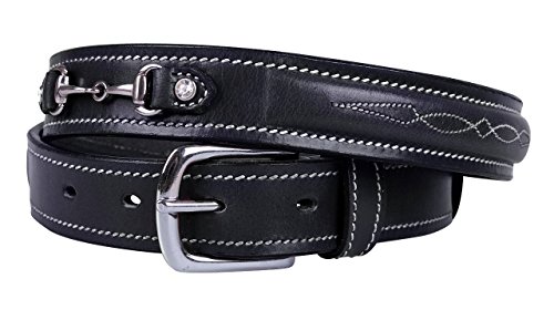 QHP Leder-Gürtel Ricki mit Dekornähten, Mini-Gebiss - eingefasst in zwei Strass-Steinen (65 cm, Schwarz) von QHP