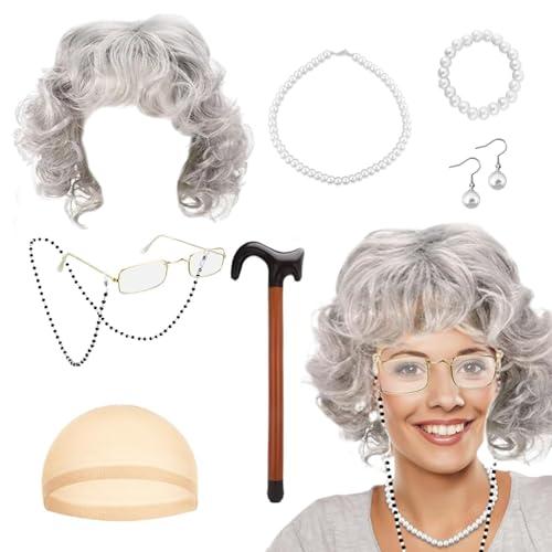 9 Stück Old Lady Kostüm Großmutter Cosplay Zubehör Set Oma Kostüm Alte Frau, Oma Perücke mit Perückenmütze, Rentner Kostüm, Perlenkette Armband Ohrringe, Brille mit Kette & aufblasbarer Gehstock von QHSXMQ