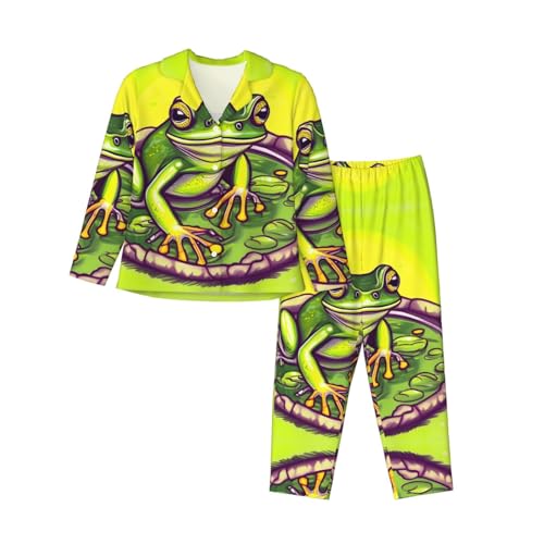 QHZLY Damen Pyjama Set Frosch im Teich Langarm Bequem Atmungsaktiv Weich Nachtwäsche Entspannung, Schwarz , M von QHZLY