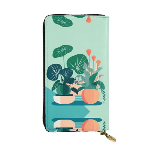 QHZLY Lange Clutch-Geldbörse aus Leder, für den Innenbereich, Cartoon-Motiv, Grünpflanzen, Unisex, stilvoll und funktional, mit Kartenfächern, Reißverschlusstaschen von QHZLY