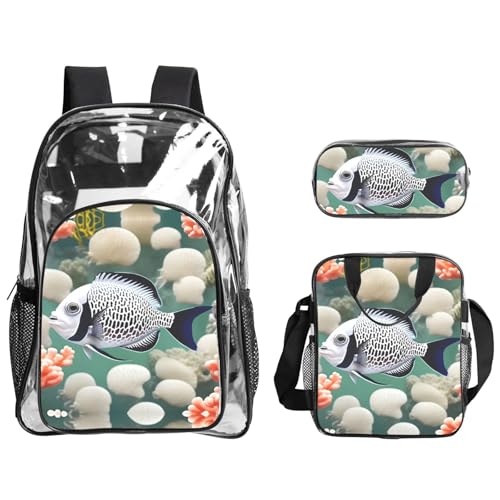 QHZLY Transparenter PVC-Rucksack, Motiv: weiße tropische Fische, Lunch-Tasche, Federmäppchen, leicht und langlebig von QHZLY