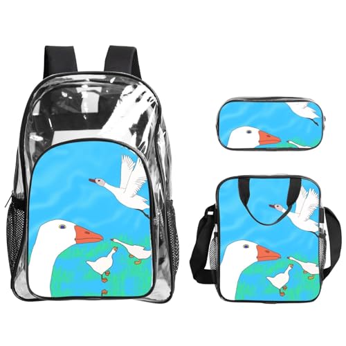 QHZLY Transparenter PVC-Rucksack Happy White Goose Rucksack Lunchtasche Federmäppchen Set, leicht und langlebig von QHZLY