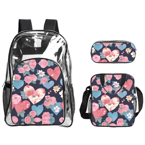 QHZLY Transparenter PVC-Rucksack mit Blumenherzen und Federmäppchen, leicht und langlebig QHZLY Transparenter PVC-Rucksack mit Blumenherzen und Federmäppchen, leicht und langlebig von QHZLY
