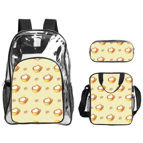 QHZLY Transparenter PVC-Rucksack mit Cartoon-Katze, Kaffee-Rucksack, Lunch-Tasche, Federmäppchen-Set, leicht und langlebig von QHZLY