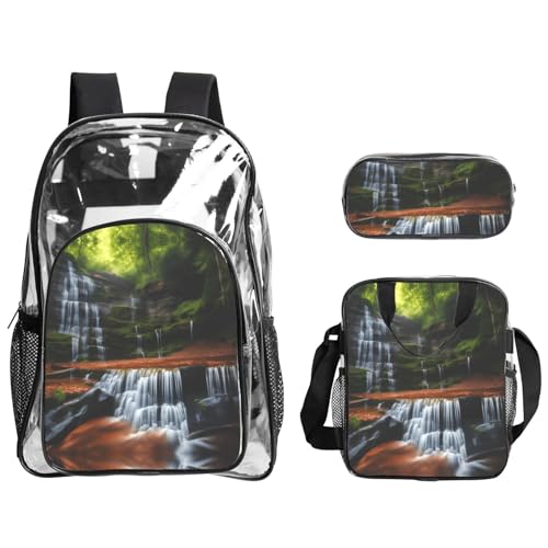 QHZLY Transparenter PVC-Rucksack mit Wasserfall-Ansicht, Lunch-Tasche, Federmäppchen-Set, leicht und langlebig von QHZLY