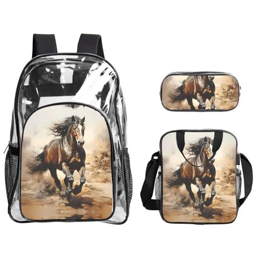 QHZLY Transparenter PVC-Rucksack mit Westernpferd-Motiv, Lunch-Tasche, Federmäppchen, leicht und langlebig von QHZLY