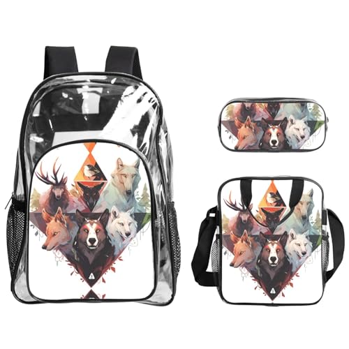 QHZLY Transparenter PVC-Rucksack mit Wölfen und Rentieren, leicht und langlebig von QHZLY