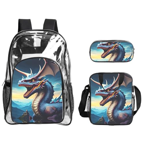 QHZLY Transparenter PVC-Rucksack mit brüllendem Drachen, Federmäppchen, leicht und langlebig von QHZLY