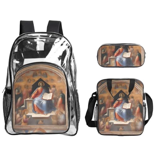 QHZLY Transparenter PVC-Rucksack mit göttlichen Fresken und Federmäppchen, leicht und langlebig von QHZLY