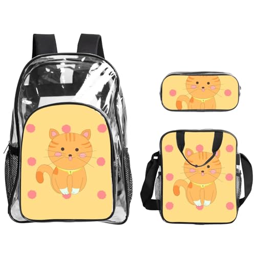 QHZLY Transparenter PVC-Rucksack mit niedlichem Cartoon-Kätzchen-Motiv, leicht und langlebig von QHZLY