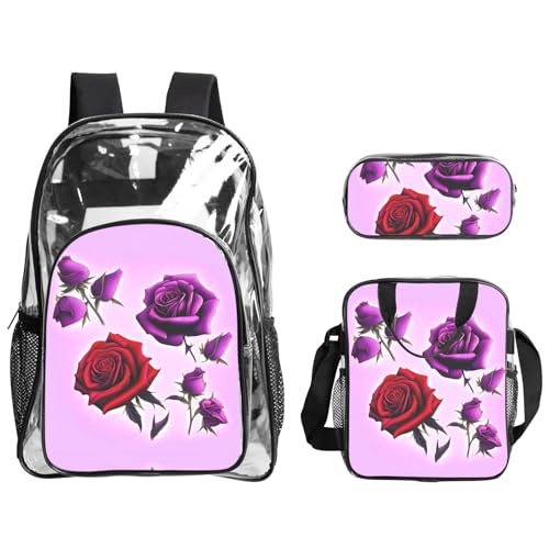 QHZLY Transparenter PVC-Rucksack mit roten und violetten Rosen, leicht und langlebig QHZLY Transparenter PVC-Rucksack mit roten und violetten Rosen, leicht und langlebig von QHZLY