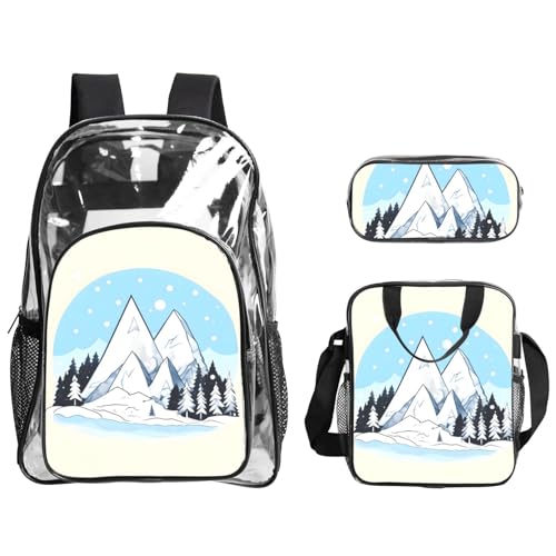QHZLY Transparenter PVC-Rucksack mit schneebedeckten Bergen, Lunch-Tasche, Federmäppchen-Set, leicht und langlebig von QHZLY