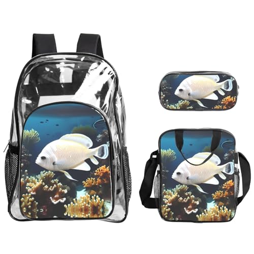 QHZLY Transparenter PVC-Rucksack mit weiß-goldenen Fischen, Lunch-Tasche, Federmäppchen-Set, leicht und langlebig QHZLY Transparenter PVC-Rucksack mit weiß-goldenen Fischen, Lunch-Tasche, Federmäppchen-Set, leicht und langlebig von QHZLY