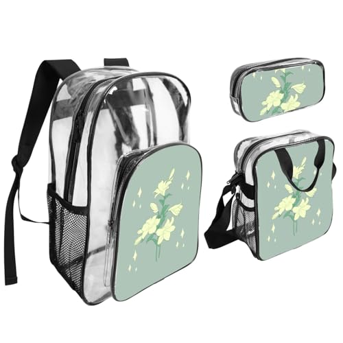 QHZLY Transparenter PVC-Rucksack mit weißen Lilien und Cartoon-Motiv, leicht und langlebig von QHZLY