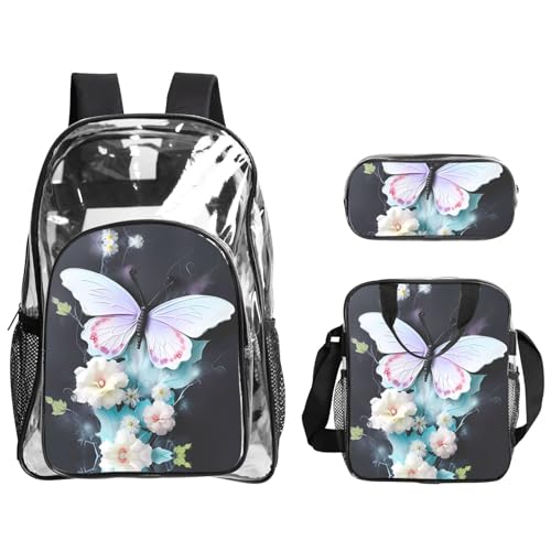 QHZLY Transparenter PVC-Rucksack mit weißen Schmetterlingen, Lunch-Tasche, Federmäppchen-Set, leicht und langlebig QHZLY Transparenter PVC-Rucksack mit weißen Schmetterlingen, Lunch-Tasche, Federmäppchen-Set, leicht und langlebig von QHZLY