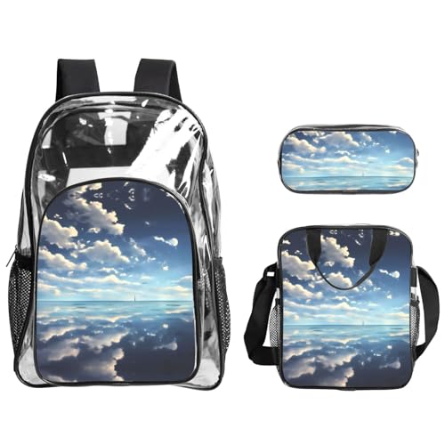 QHZLY Transparenter PVC-Rucksack mit weißen Wolken über dem Meer, Rucksack und Federmäppchen, leicht und langlebig von QHZLY