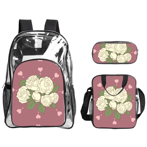 QHZLY Transparenter PVC-Rucksack mit weißer Rose der Liebe, Federmäppchen, leicht und langlebig von QHZLY