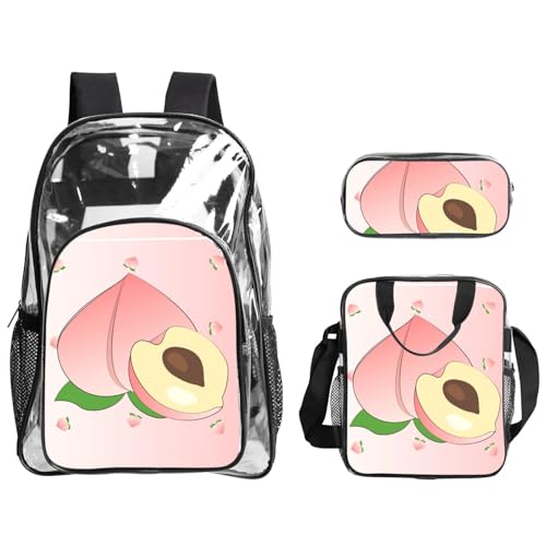 QHZLY Transparentes PVC-Cartoon-Pfirsich-Rucksack, Lunch-Tasche, Federmäppchen-Set, leicht und langlebig von QHZLY