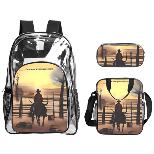 QHZLY Transparentes PVC-Cowboy-Chroniken-Rucksack, Lunchtasche, Federmäppchen-Set, leicht und langlebig von QHZLY